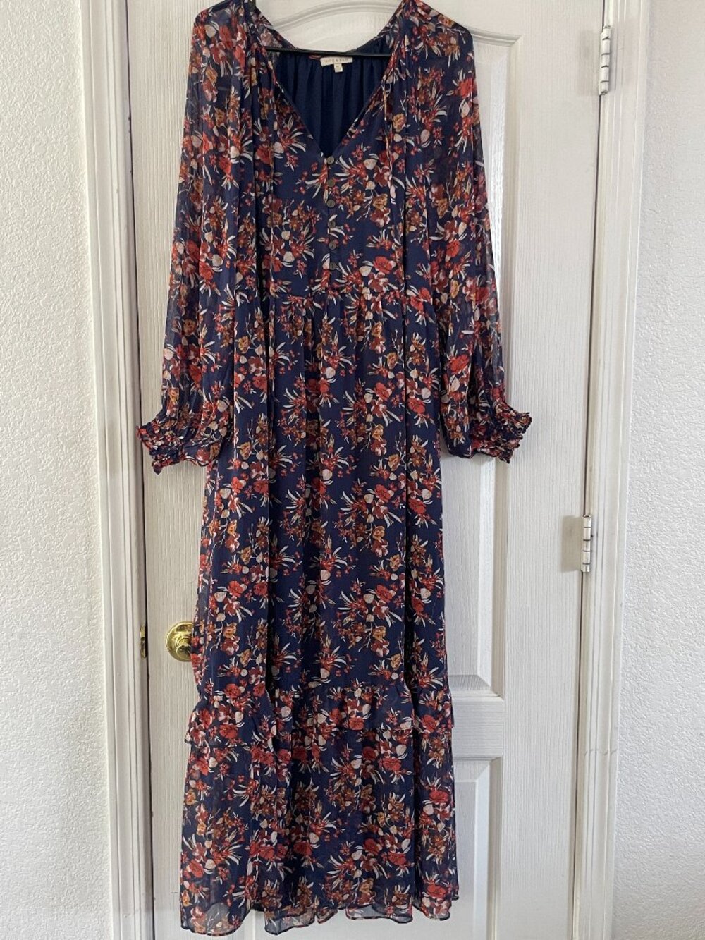Kate & Sam Maxi Navy and Orange Floral Flowy Dress Long Billowy Sleeve size xl